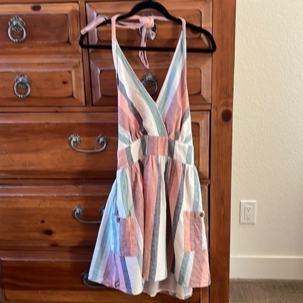 American Eagle Outfitters Striped Halter Sundress in Coral, Teal, White